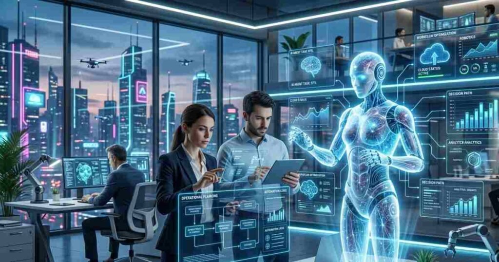 Advanced AI agent collaborating with professionals in a smart office using automation, planning, and intelligent workflows.