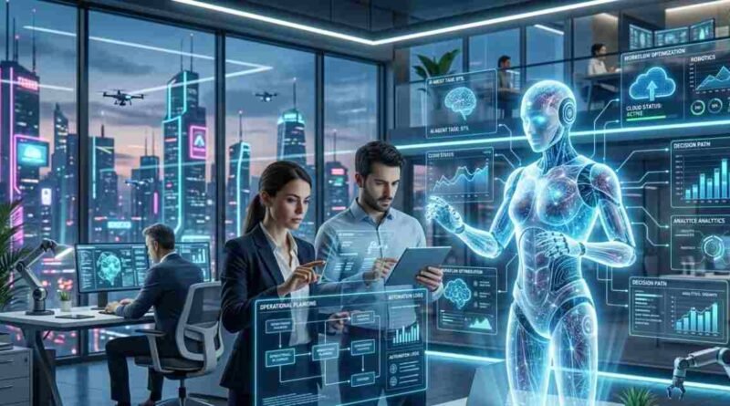 Advanced AI agent collaborating with professionals in a smart office using automation, planning, and intelligent workflows.