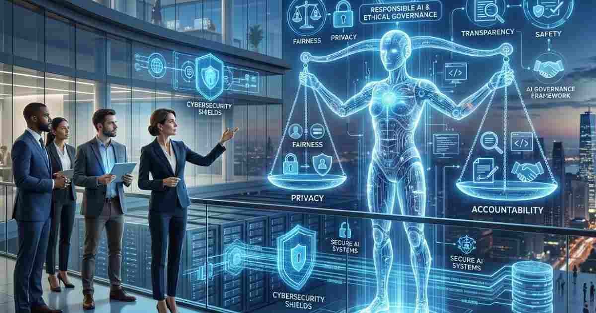 Ethical artificial intelligence emphasizing privacy, transparency, security, accountability, and responsible AI governance.
