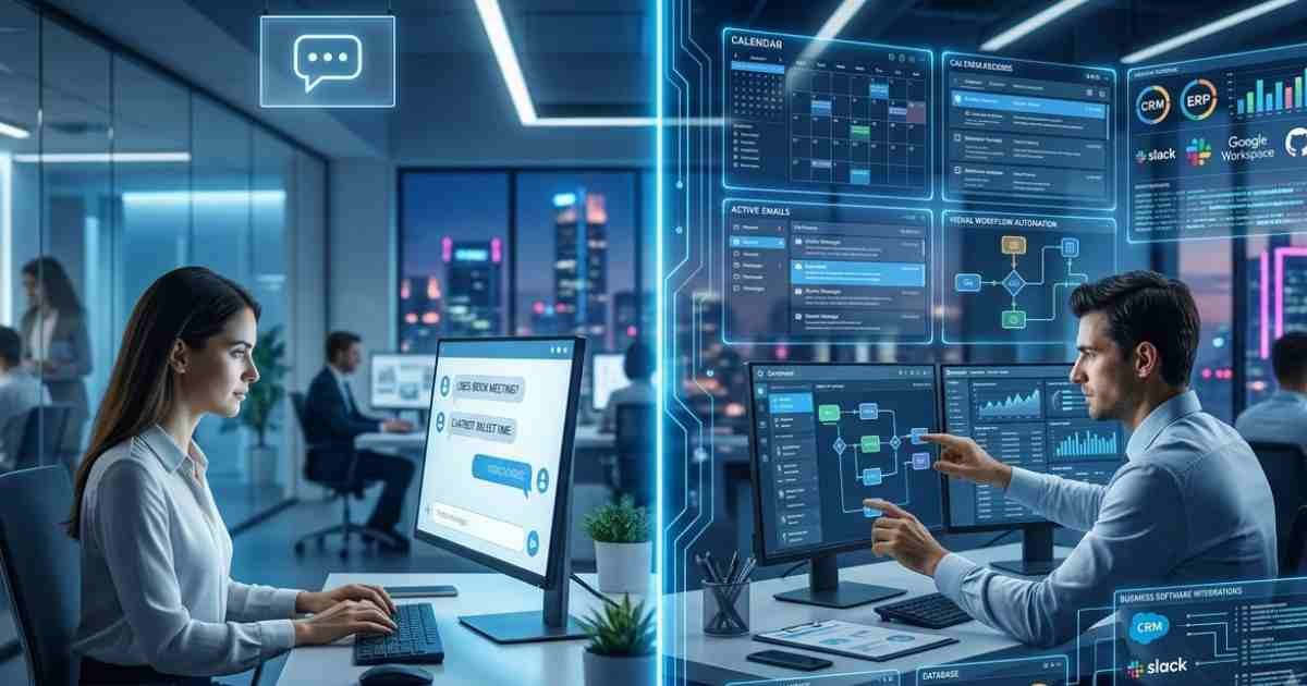Comparison between a traditional AI assistant chatbot and an autonomous AI agent managing complex business workflows.