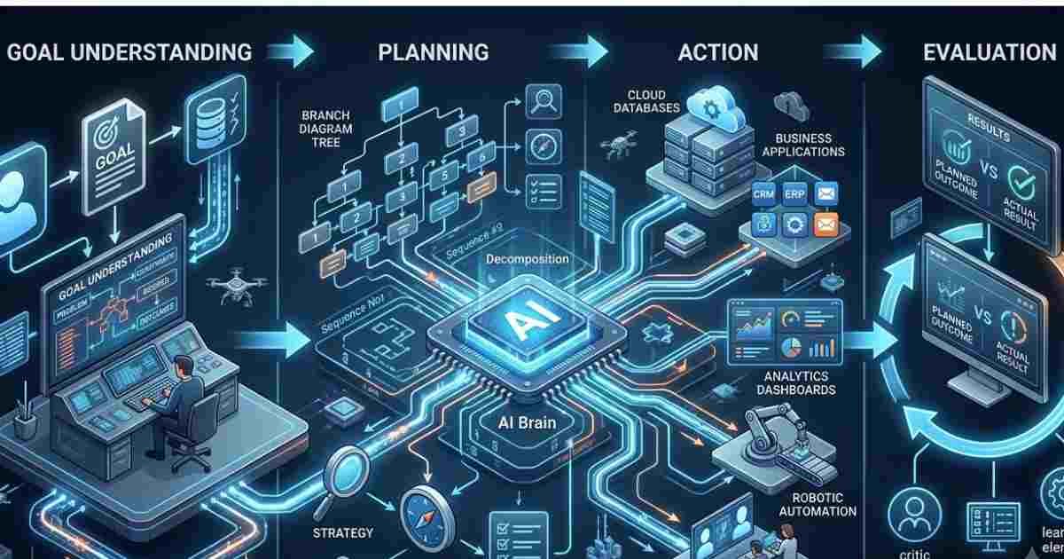 AI workflow showing goal understanding, planning, execution, and evaluation using intelligent automation.