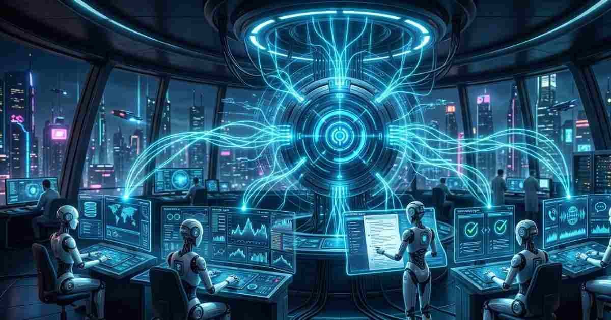 Multiple AI agents collaborating inside a digital command center to perform specialized business tasks.