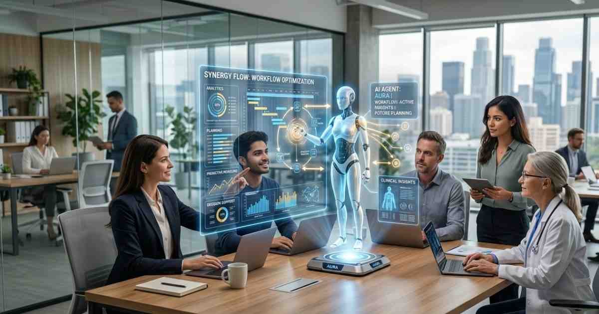 Business professionals collaborating with intelligent AI agents in a modern technology-driven workplace.