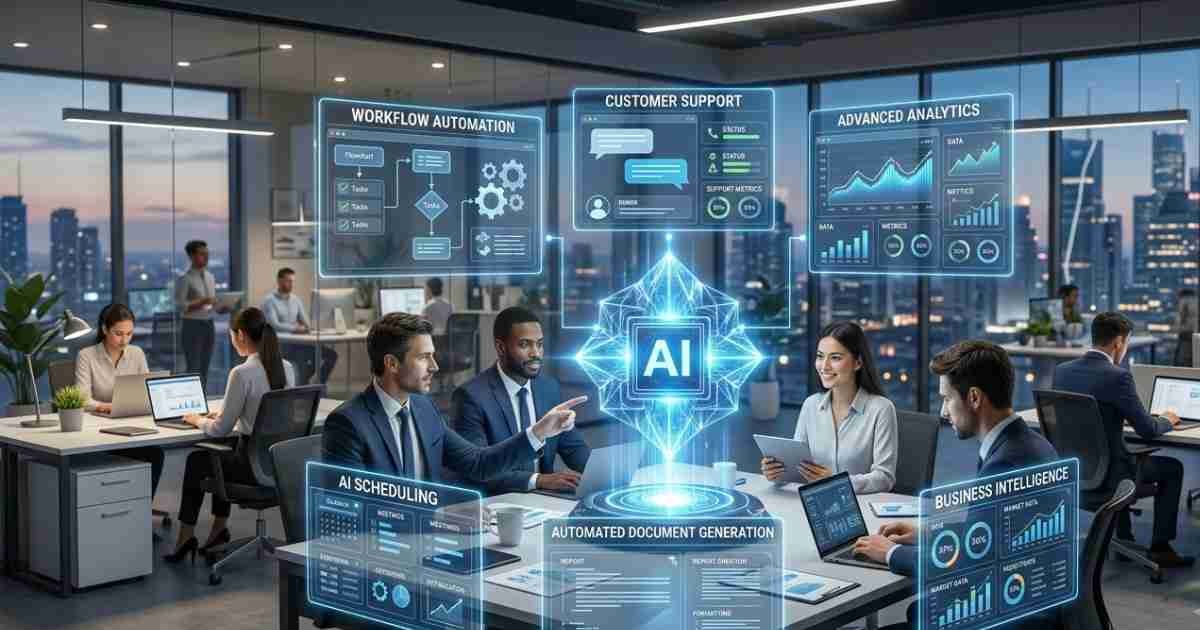 AI-powered business automation improving productivity, customer service, analytics, and workflow management.