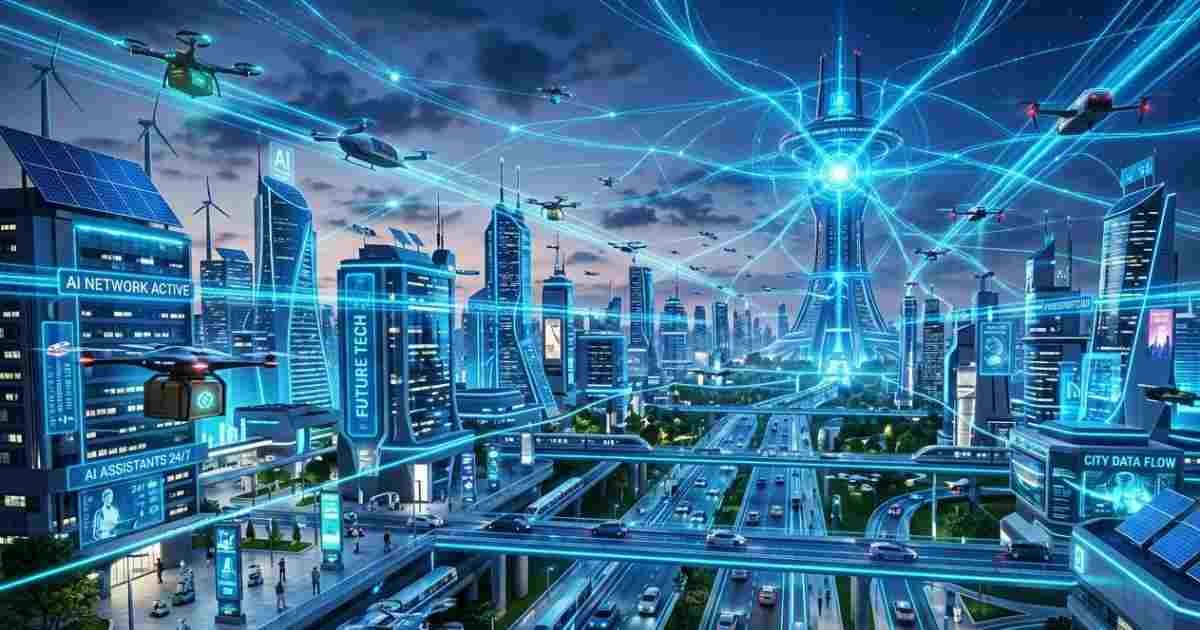Futuristic smart city powered by autonomous AI agents, robotics, cloud computing, and intelligent infrastructure.