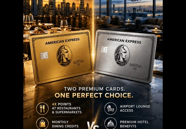 American Express Gold vs Platinum comparison for 2026 highlighting travel rewards, dining benefits, premium perks, and annual fee differences.