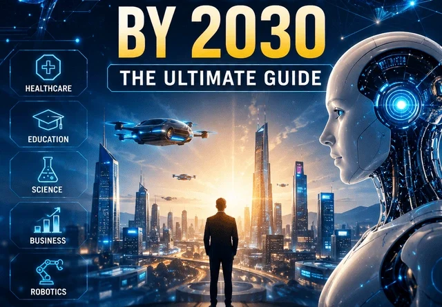AGI by 2030: The Ultimate Guide poster showing a futuristic AI humanoid, smart city, and Artificial General Intelligence technology.