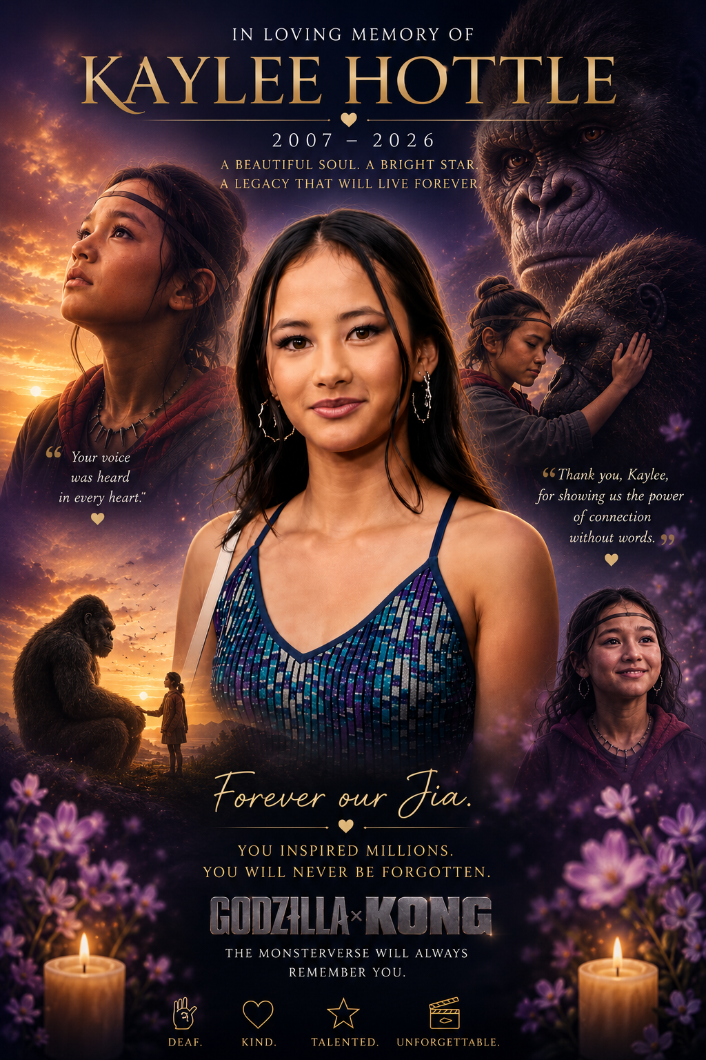A cinematic tribute poster honoring Kaylee Hottle, the actress who portrayed Jia in Godzilla vs. Kong and Godzilla x Kong: The New Empire, celebrating her legacy, talent, and impact on Deaf representation in Hollywood.