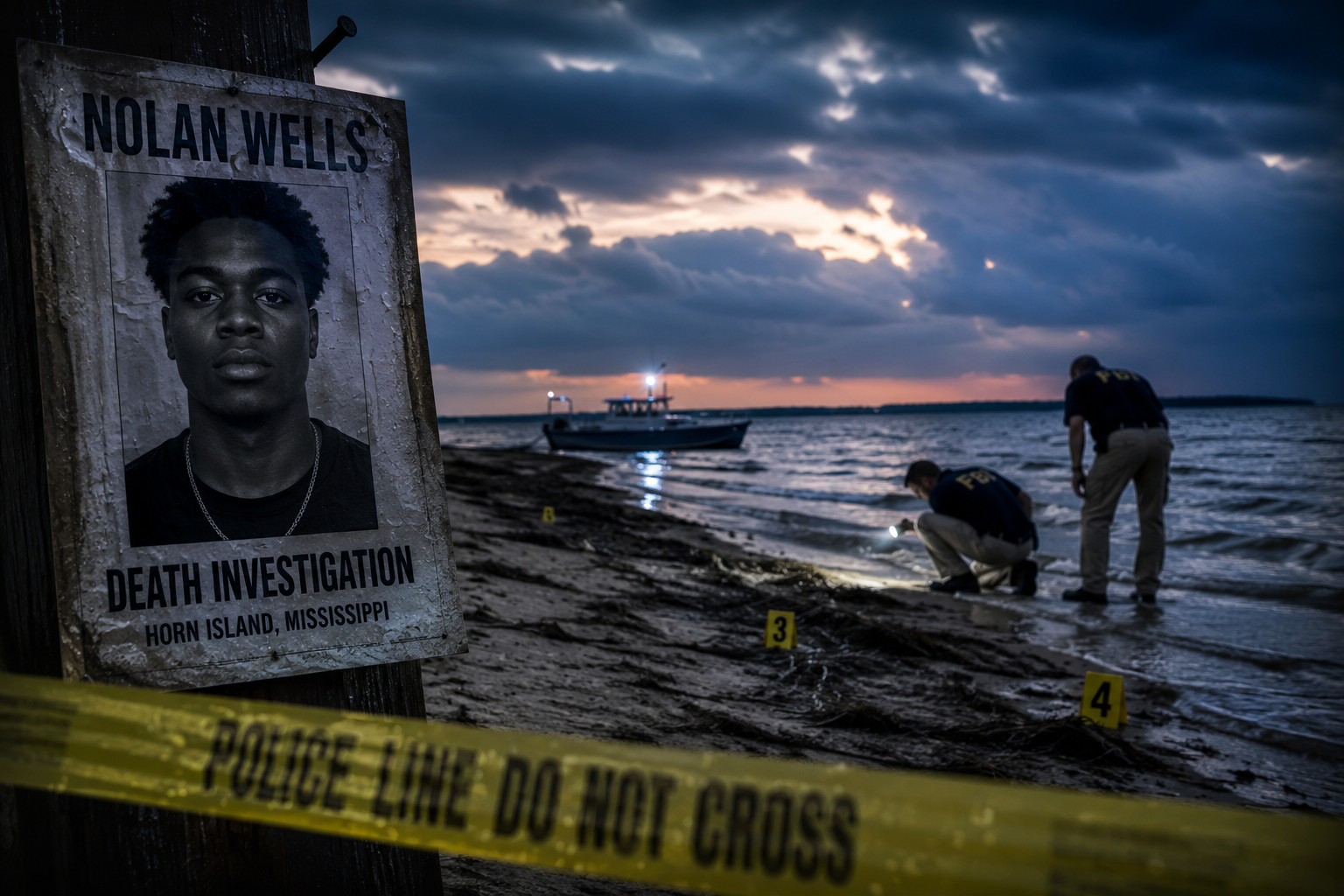 Nolan Wells Death: Independent Autopsy Finds No Cause as investigators examine the Horn Island shoreline during the ongoing Mississippi death investigation.