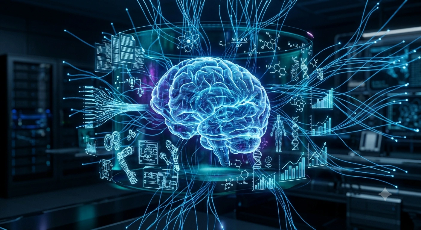 Artificial General Intelligence concept showing AGI learning across multiple domains