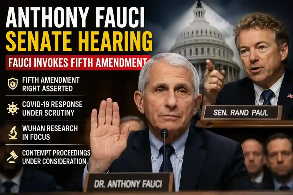 Dr. Anthony Fauci testifies during a U.S. Senate hearing after invoking the Fifth Amendment while Senator Rand Paul questions him about COVID-19 policies and gain-of-function research.