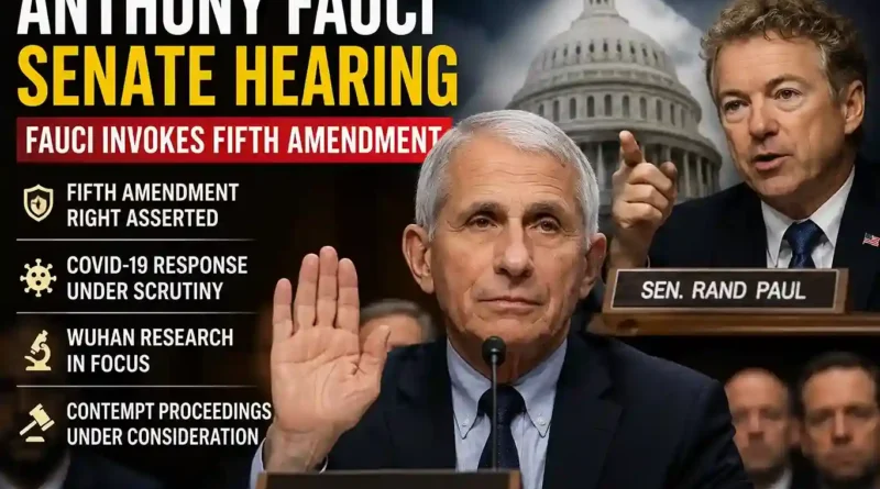 Dr. Anthony Fauci testifies during a U.S. Senate hearing after invoking the Fifth Amendment while Senator Rand Paul questions him about COVID-19 policies and gain-of-function research.