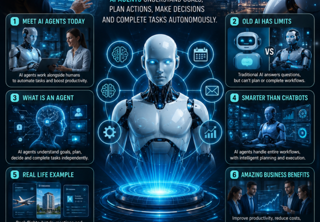 Futuristic poster illustrating AI agents, intelligent automation, autonomous artificial intelligence, workflow automation, and human-AI collaboration across multiple industries.