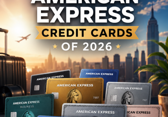 Best American Express Credit Cards of 2026 poster featuring premium travel, cash back, dining, and business rewards comparison.
