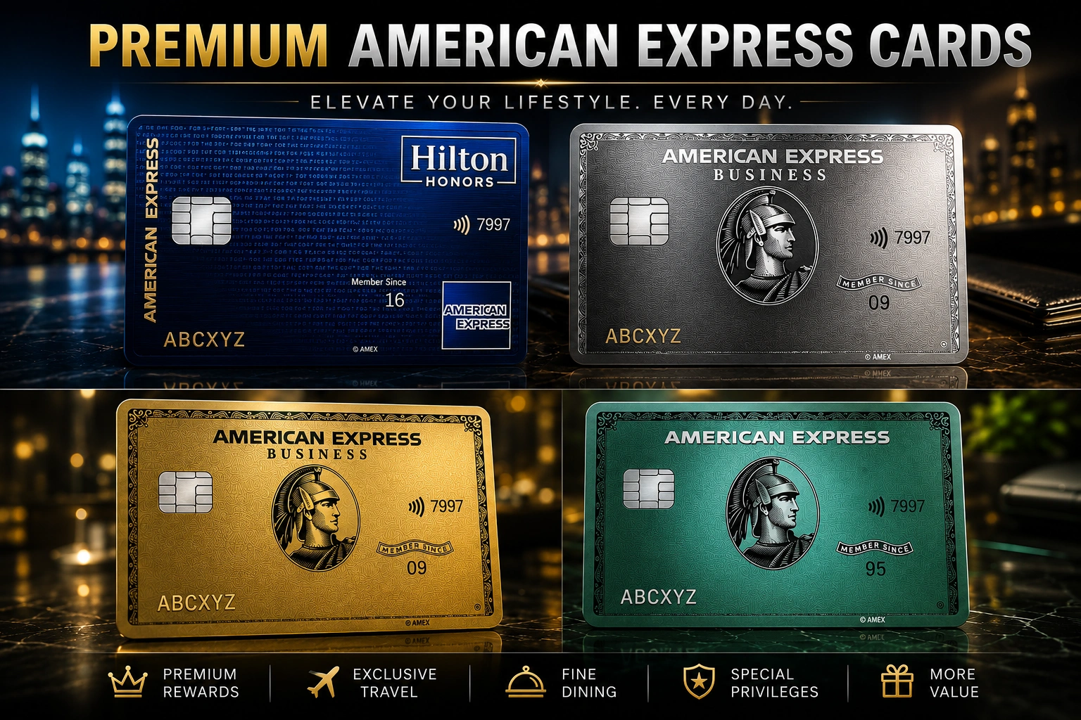Premium American Express credit cards featured in the Best Credit Cards of 2026 comparison, including Gold, Business, Green, and Hilton Honors cards.