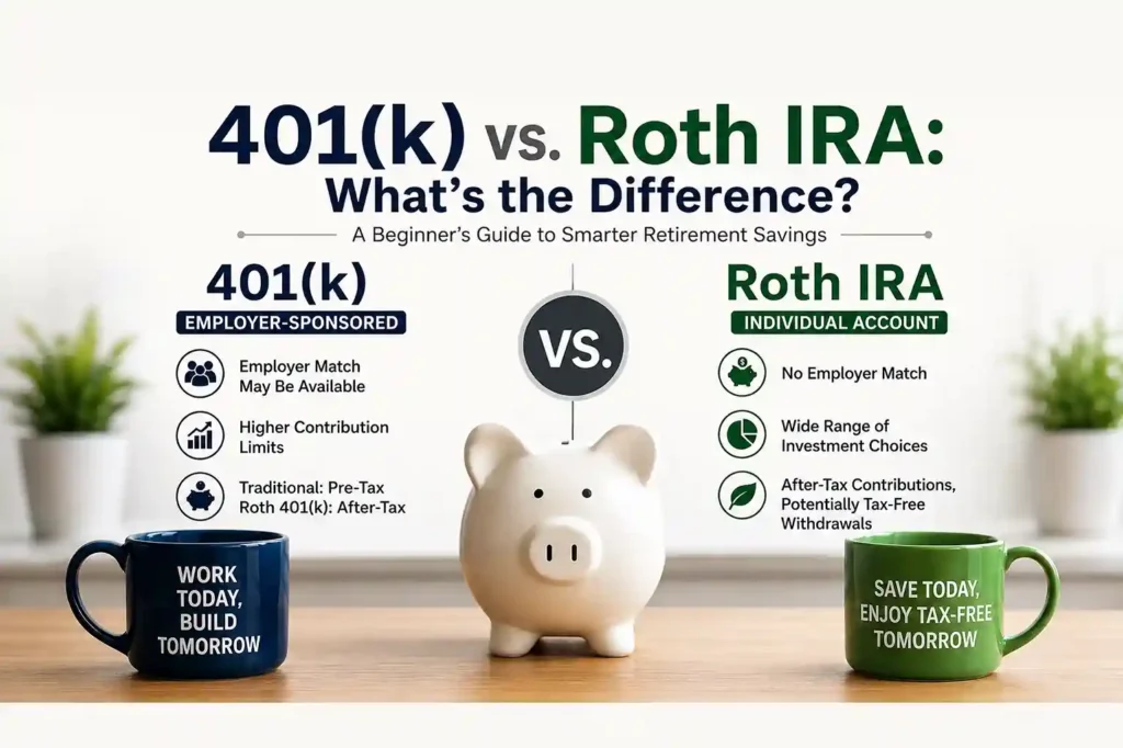 401(k) vs. Roth IRA comparison showing key differences in contributions, taxes, employer matching, and investment choices