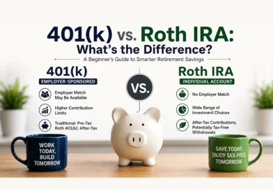 401(k) vs. Roth IRA comparison showing key differences in contributions, taxes, employer matching, and investment choices