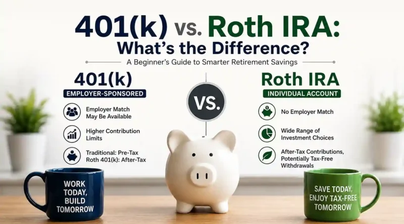 401(k) vs. Roth IRA comparison showing key differences in contributions, taxes, employer matching, and investment choices