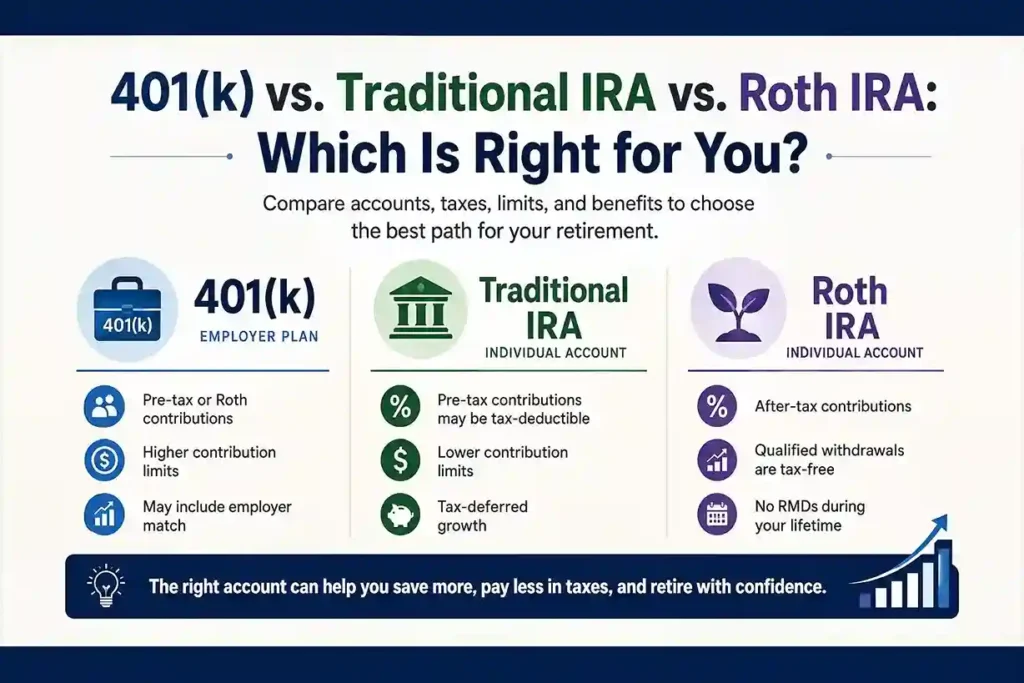 401(k) vs. Traditional IRA vs. Roth IRA