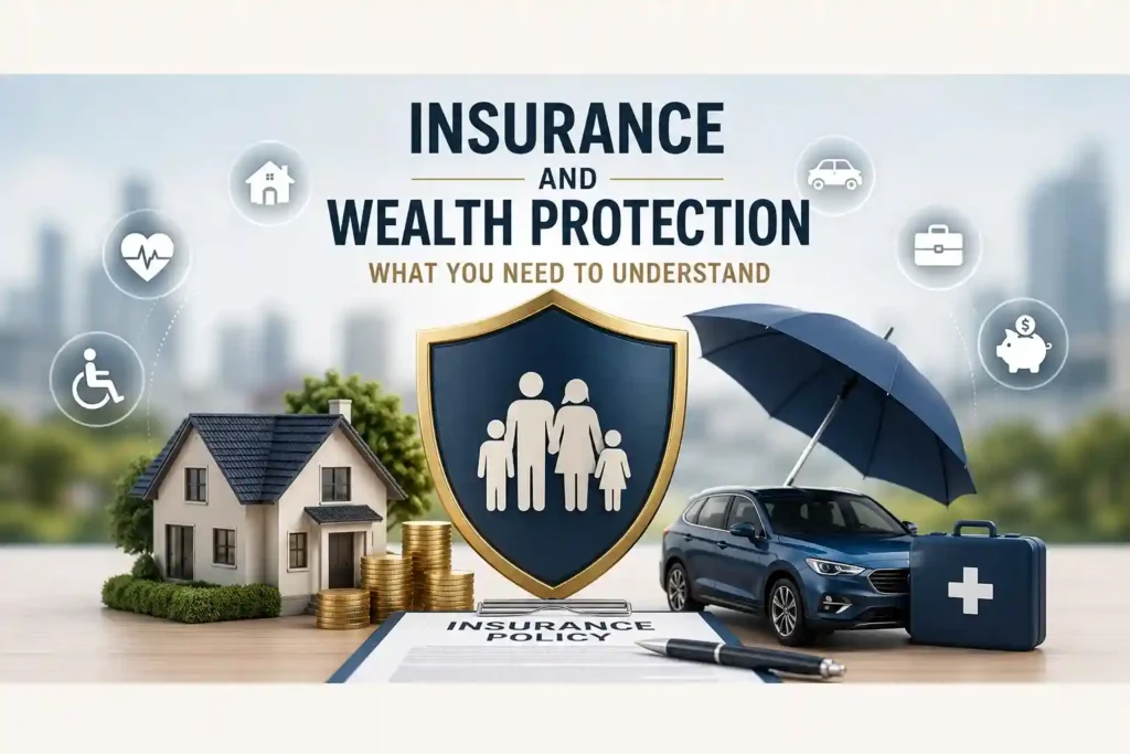 Insurance and Wealth Protection:nsurance and wealth protection concept featuring a family shield, home, car, umbrella, health care, savings, and financial security