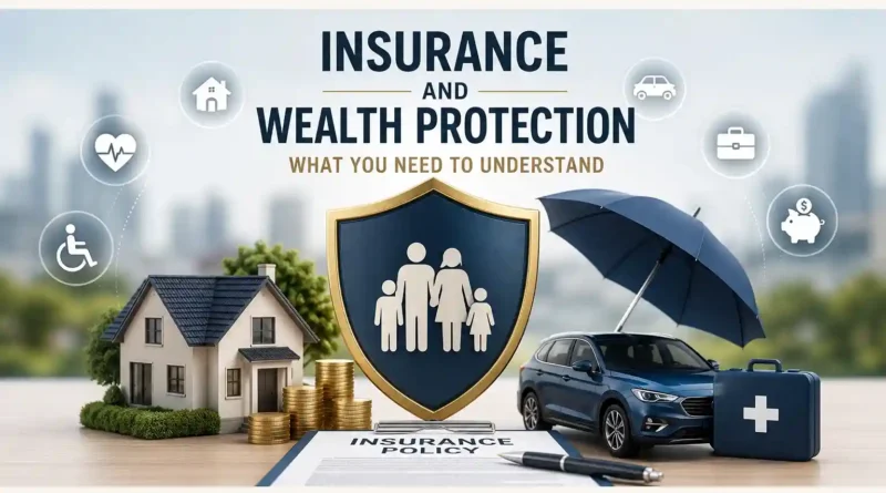 Insurance and Wealth Protection:nsurance and wealth protection concept featuring a family shield, home, car, umbrella, health care, savings, and financial security