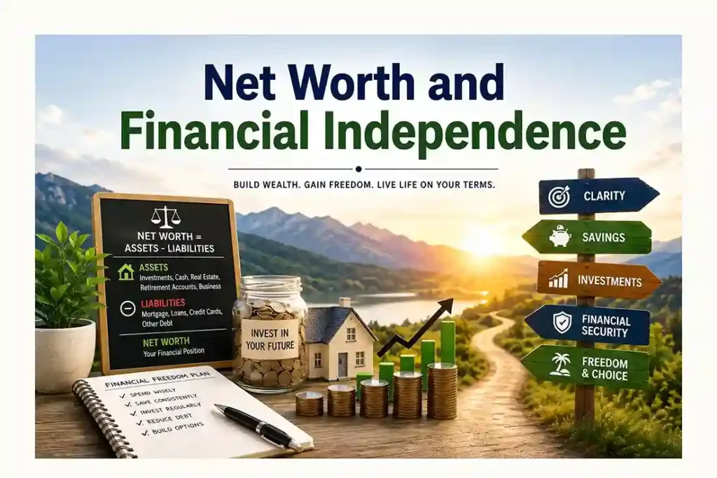 Net worth and financial independence concept showing investments, assets, liabilities, savings, home equity, and a path toward financial freedom