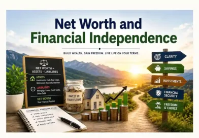 Net worth and financial independence concept showing investments, assets, liabilities, savings, home equity, and a path toward financial freedom
