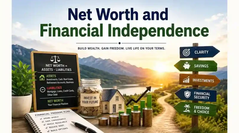 Net worth and financial independence concept showing investments, assets, liabilities, savings, home equity, and a path toward financial freedom