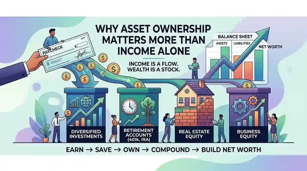 Illustration demonstrating why asset ownership matters by showing a paycheck flowing into investments, real estate, and business equity to build net worth.