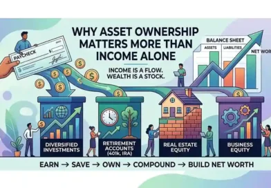 Illustration demonstrating why asset ownership matters by showing a paycheck flowing into investments, real estate, and business equity to build net worth.