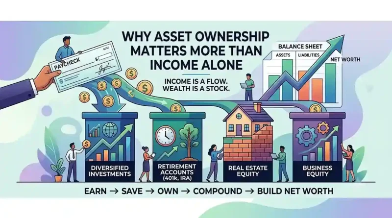 Illustration demonstrating why asset ownership matters by showing a paycheck flowing into investments, real estate, and business equity to build net worth.
