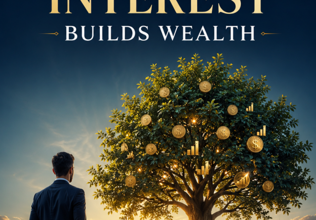 Investor viewing a growing financial tree symbolizing compound wealth over time.