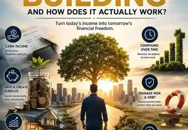 Wealth building journey showing income, savings, assets, compounding, protection, and financial freedom