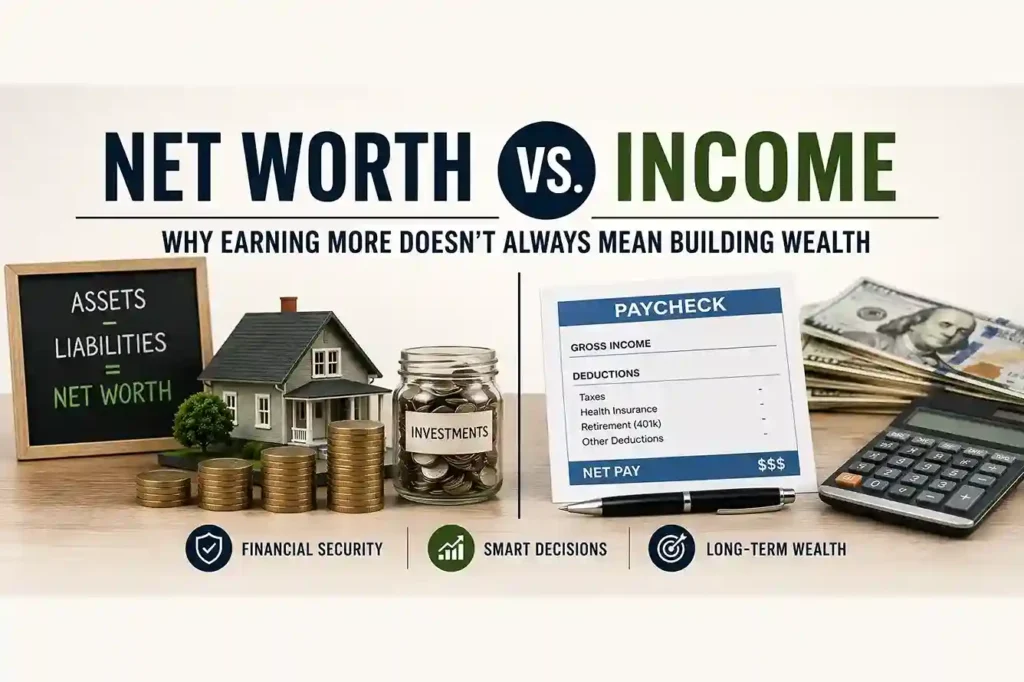 Net worth vs income comparison showing how assets, liabilities, earnings, and investments affect wealth building