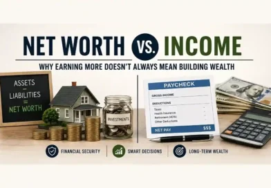 Net worth vs income comparison showing how assets, liabilities, earnings, and investments affect wealth building