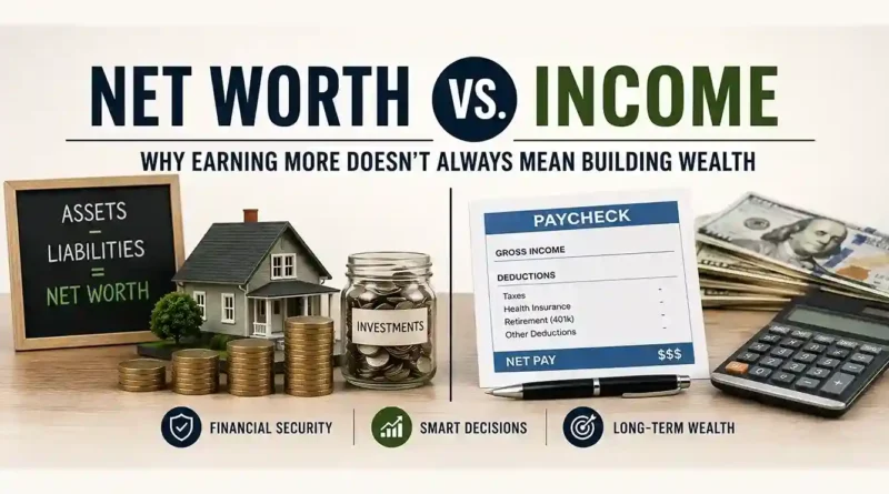 Net worth vs income comparison showing how assets, liabilities, earnings, and investments affect wealth building